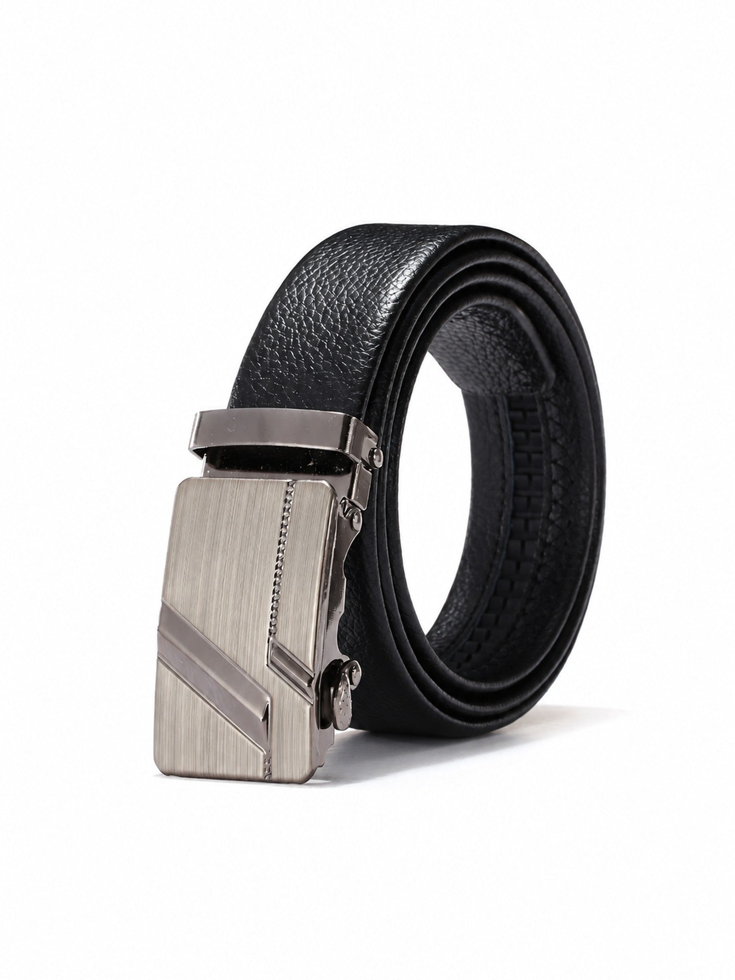 Automatic Plate Buckle Belt, Leather-Look – Men – Brushed Silver · Diagonal Lines – front